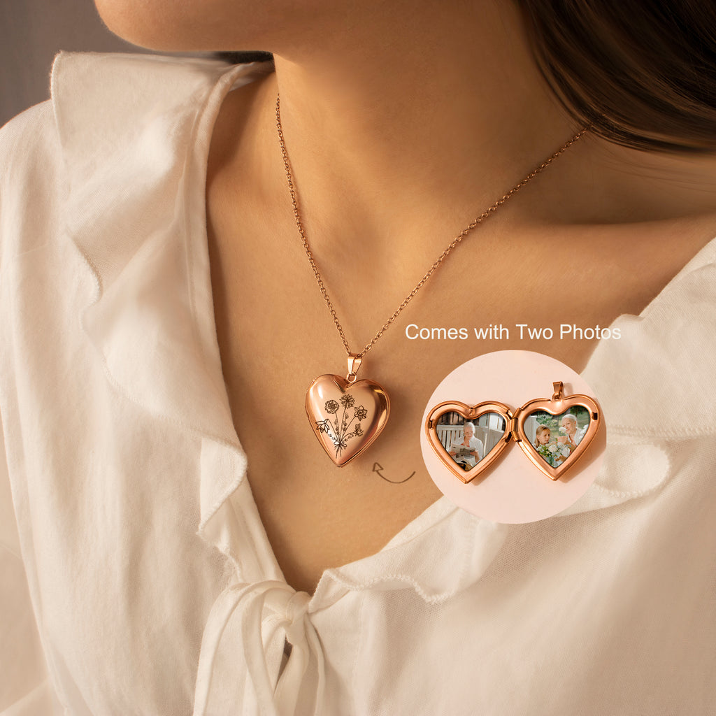 Flower Bouquet Heart Photo Locket Necklace