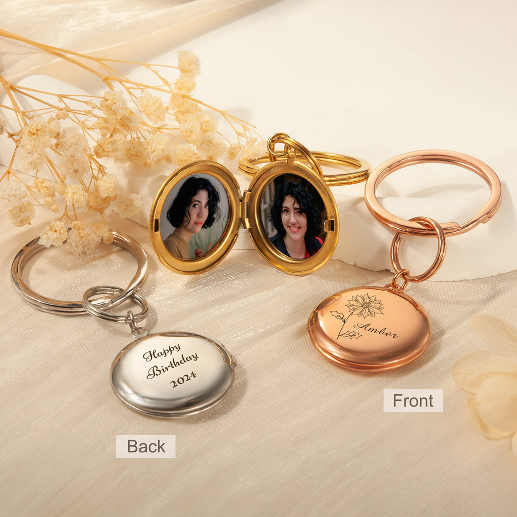 Custom Flower and Name Photo Locket Key Chain