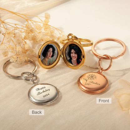 Custom Flower and Name Photo Locket Key Chain