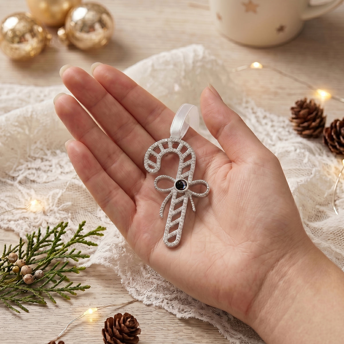 Custom Rhinestone Candy Cane Photo Projection Ornament