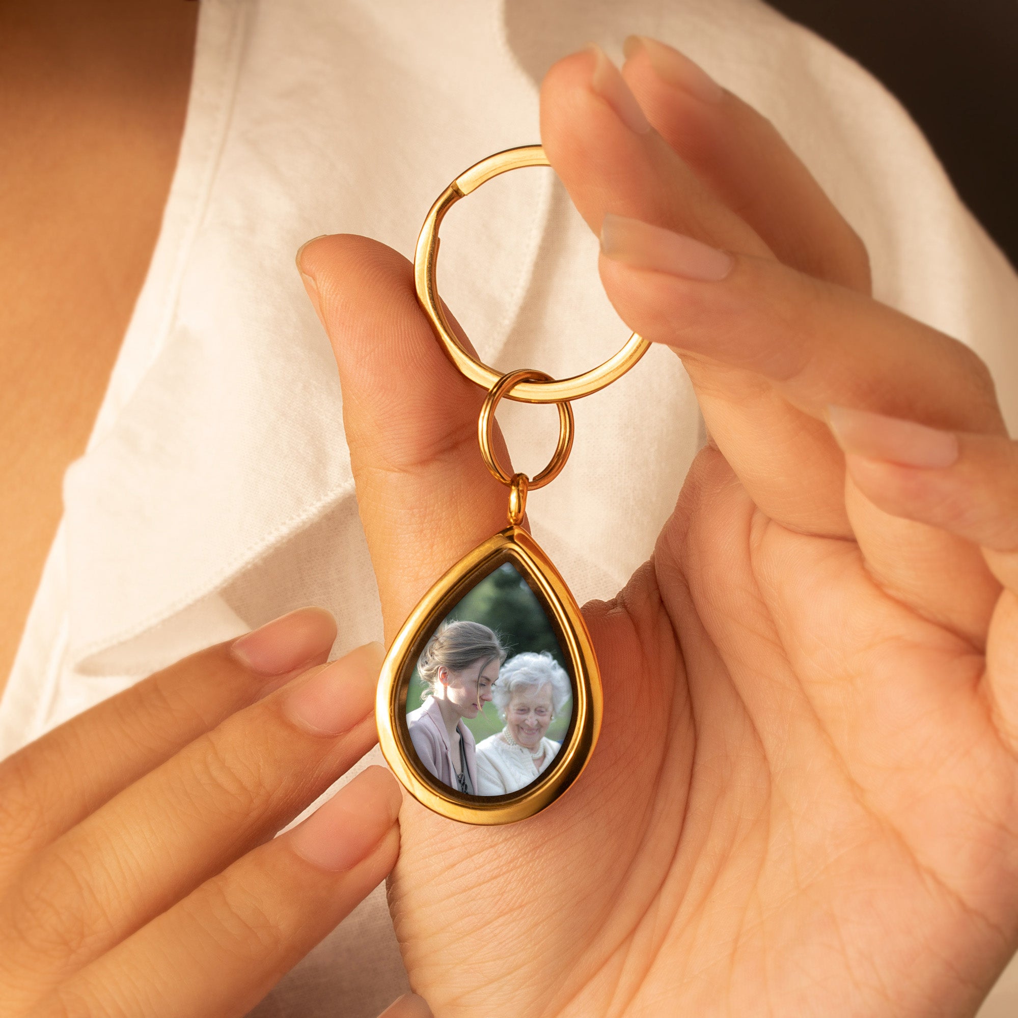 Glass Teardrop Photo Locket Memorial Keychain