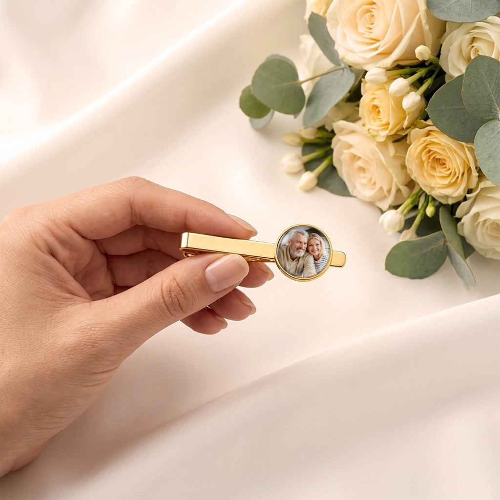 Round Wedding Tie Clip with Glass Dome Cab