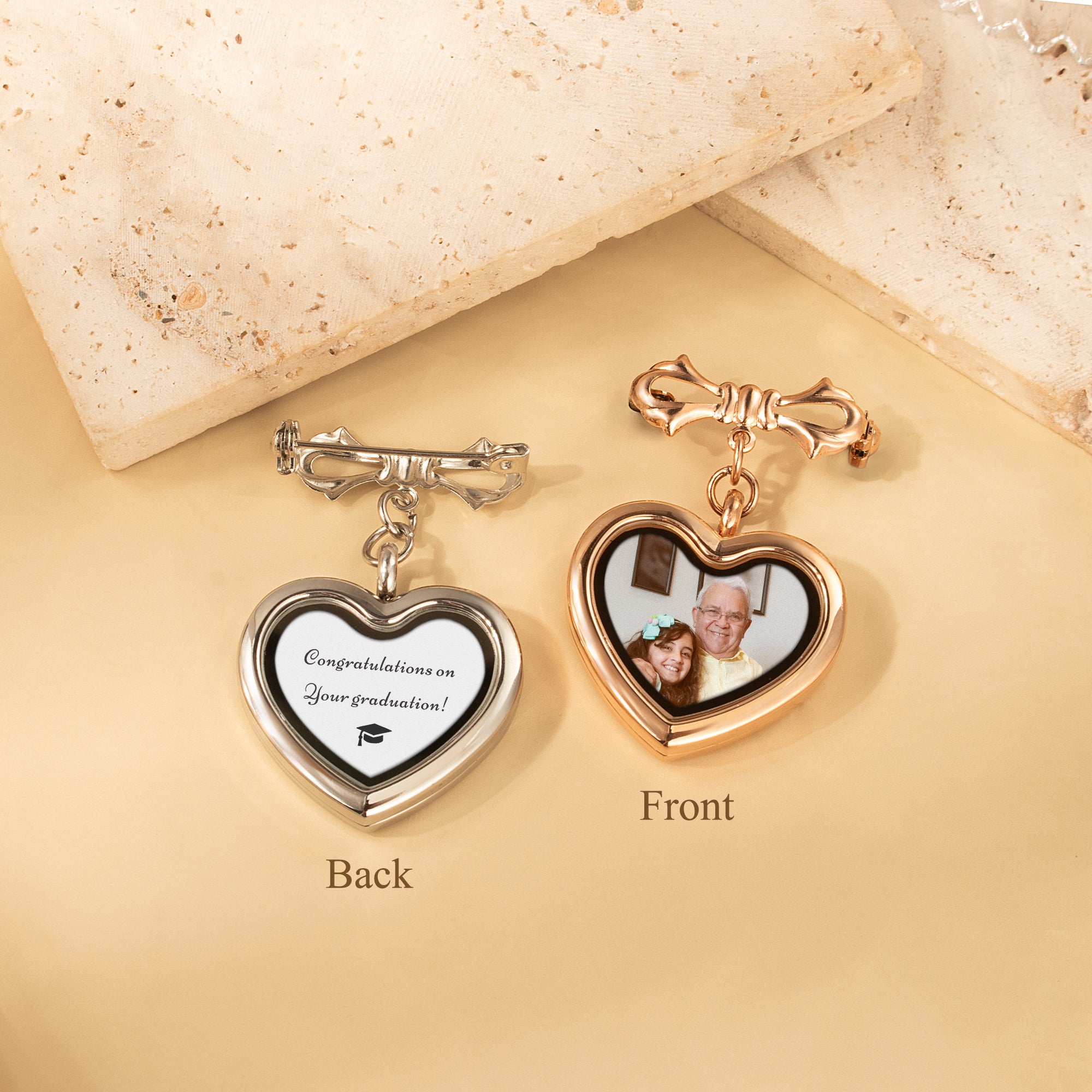 Glass Heart Graduation Photo Locket Brooch Pin