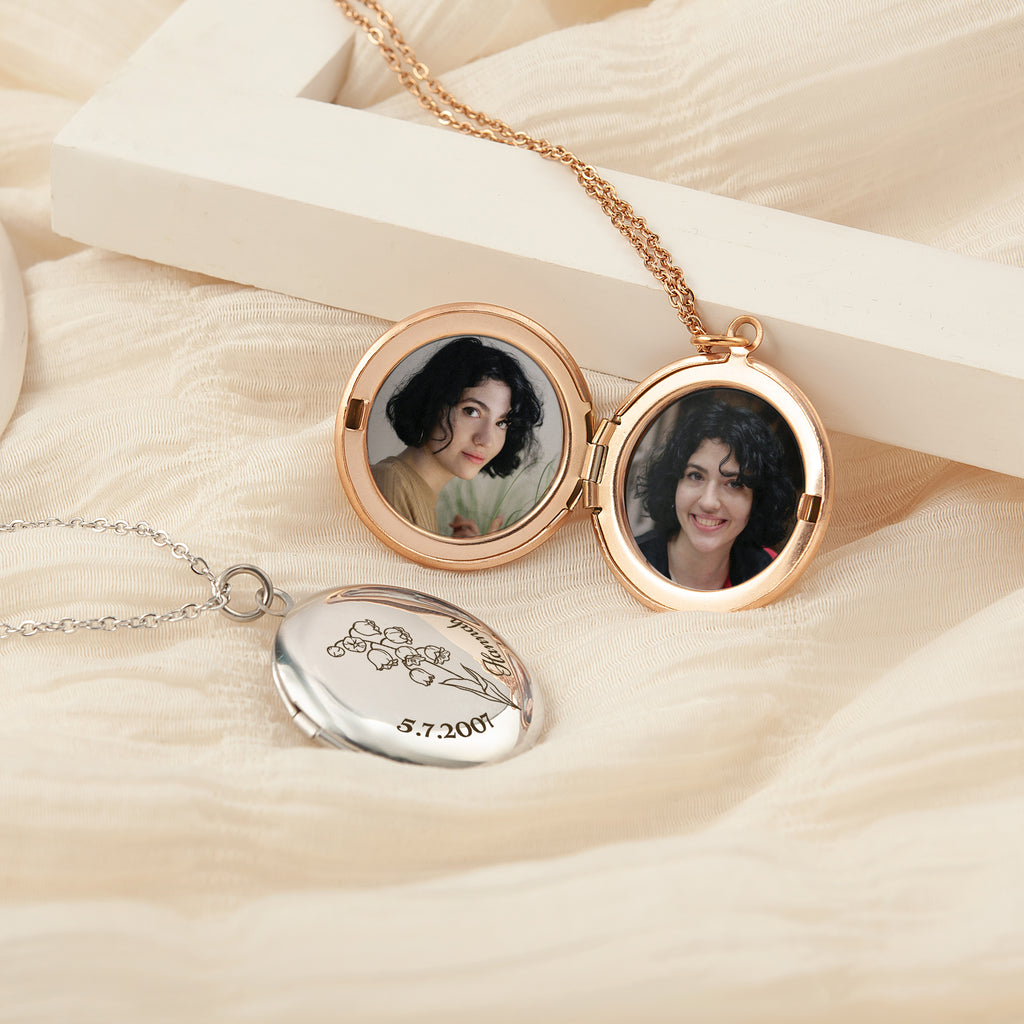 Custom Birth Flower Name and Date Photo Locket Necklace