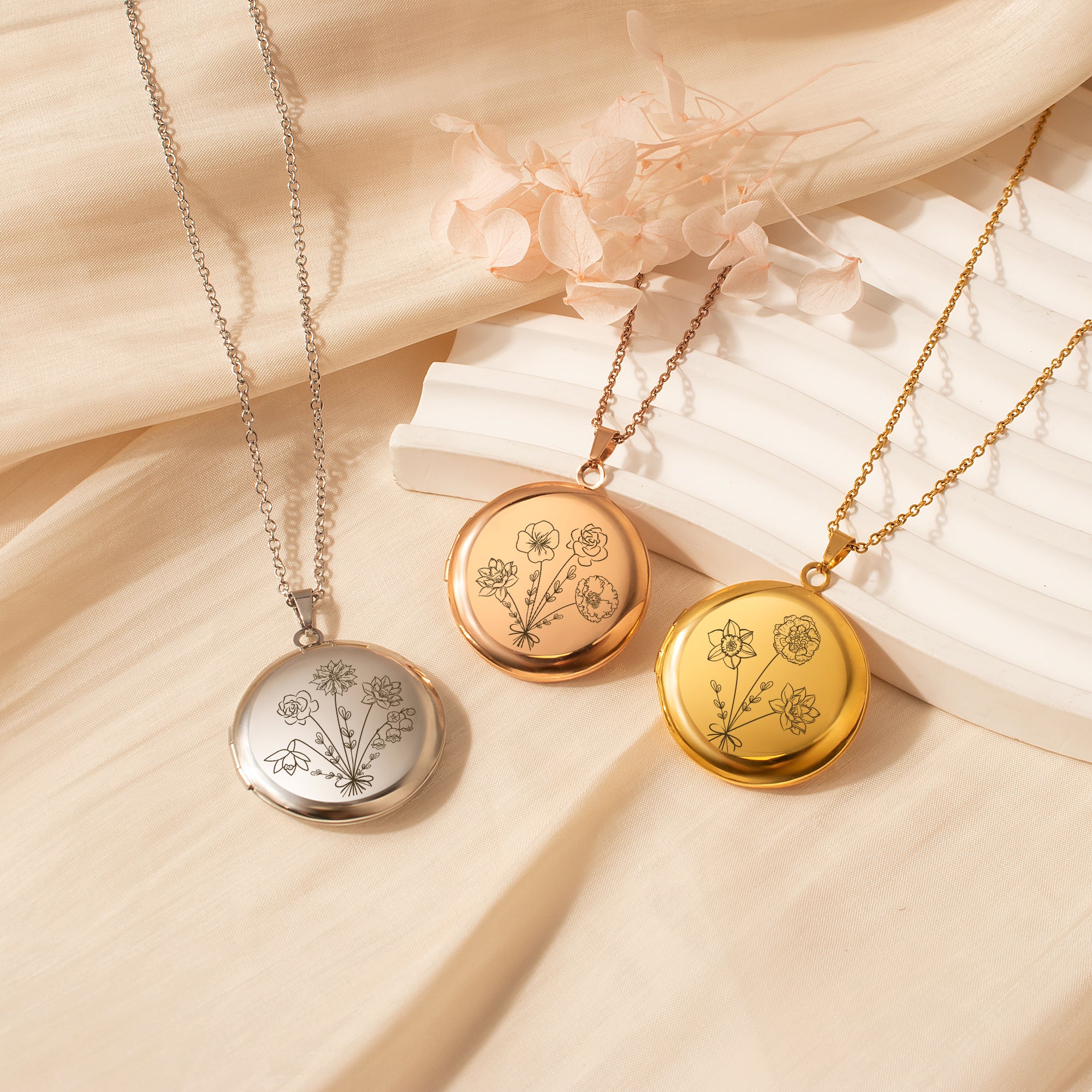 Round Birth Flower Bouquet Photo Locket Necklace