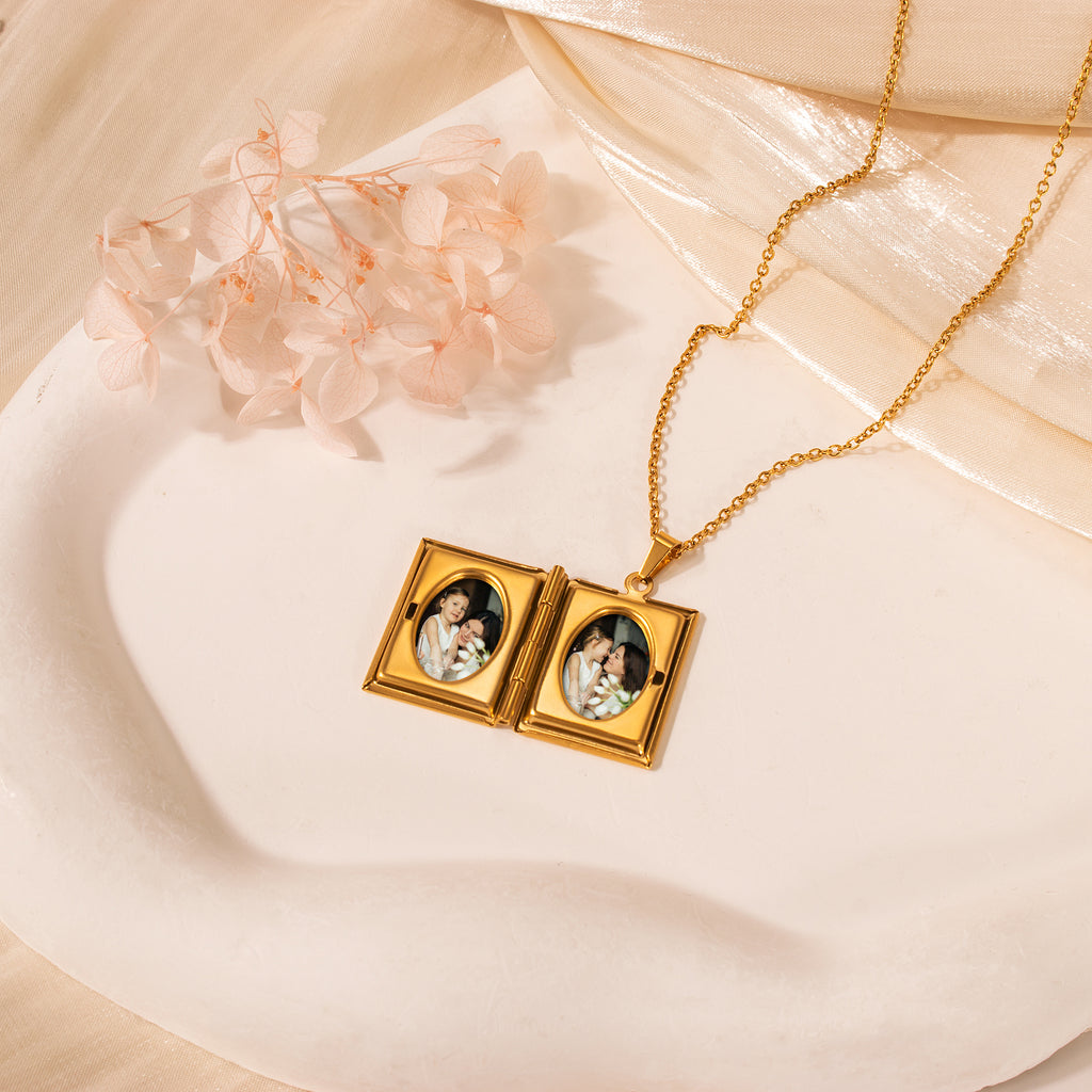 Square Birth Flower Photo Locket Necklace