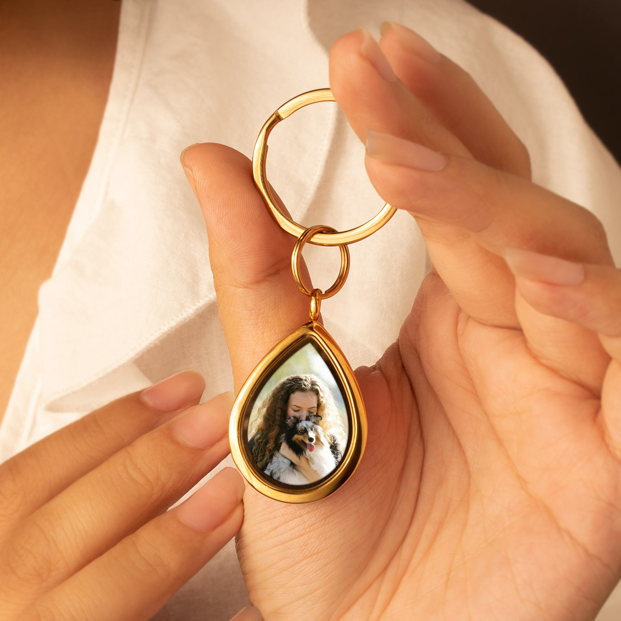 Glass Teardrop Pet Memorial Photo Locket Keychain