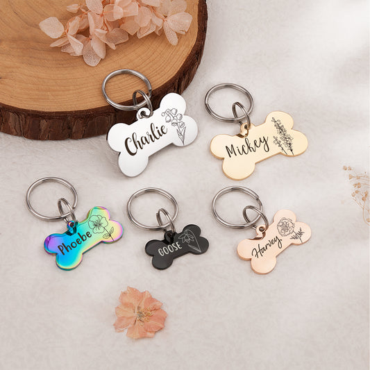 Customized Dog Bone Shaped Birth Flower ID Tag for Dogs