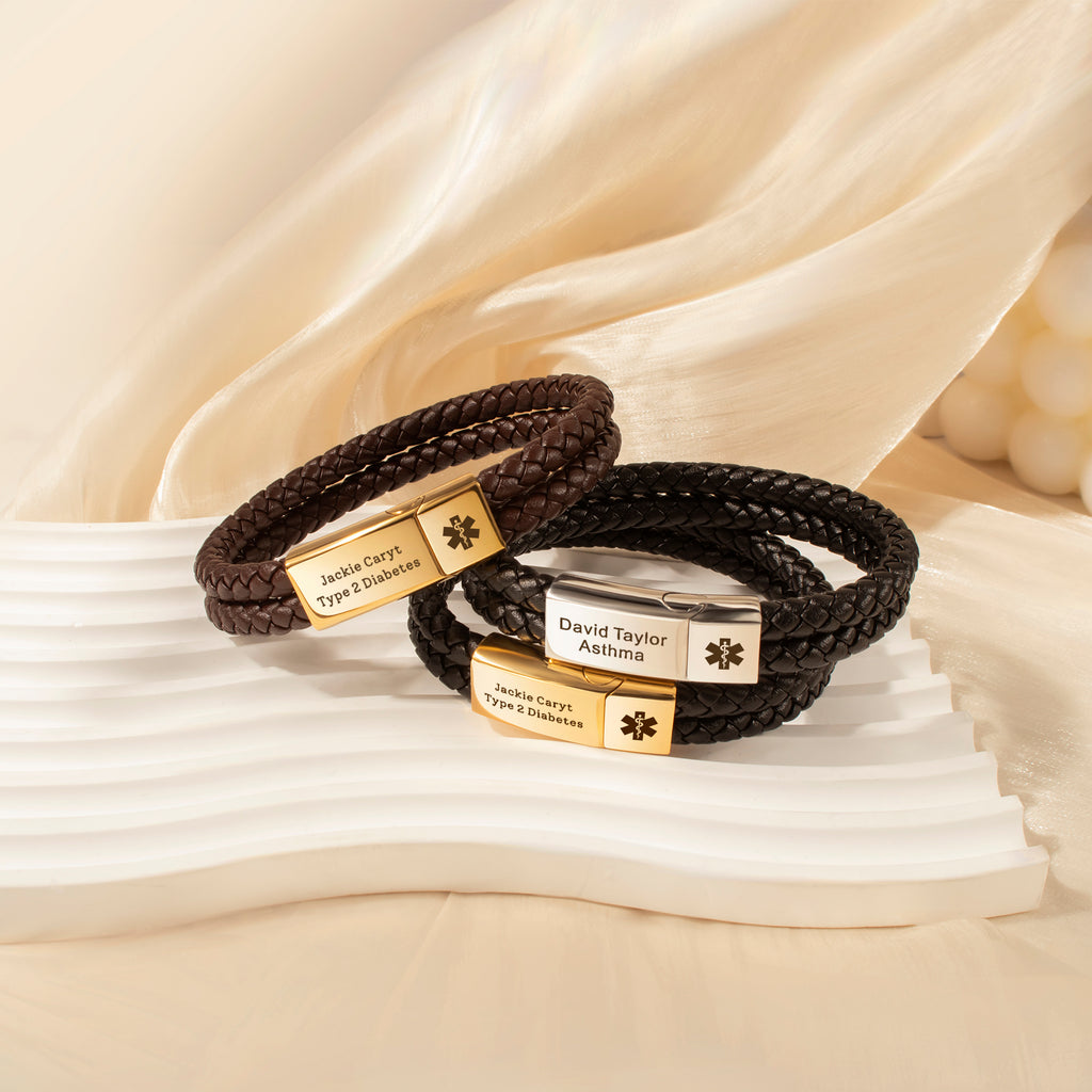 Personalized Medical ID Alert Double Strap Leather Bracelet