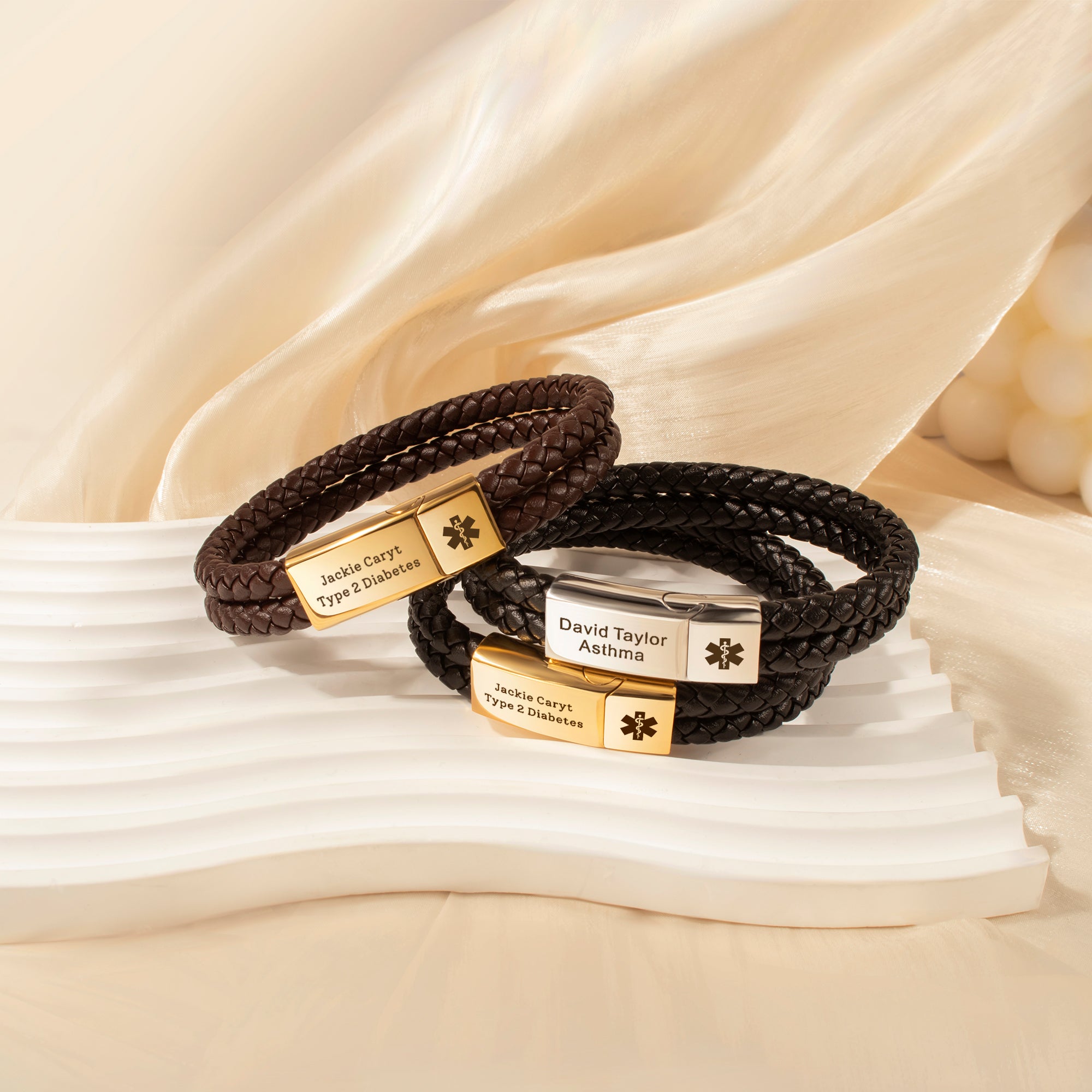 Personalized Medical ID Alert Double Strap Leather Bracelet