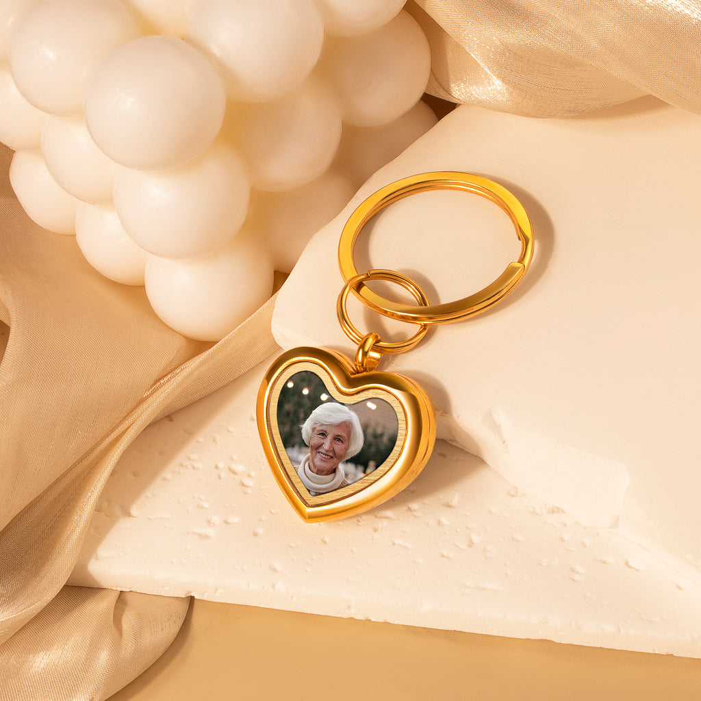 Glass Heart Photo Locket Memorial Keychain