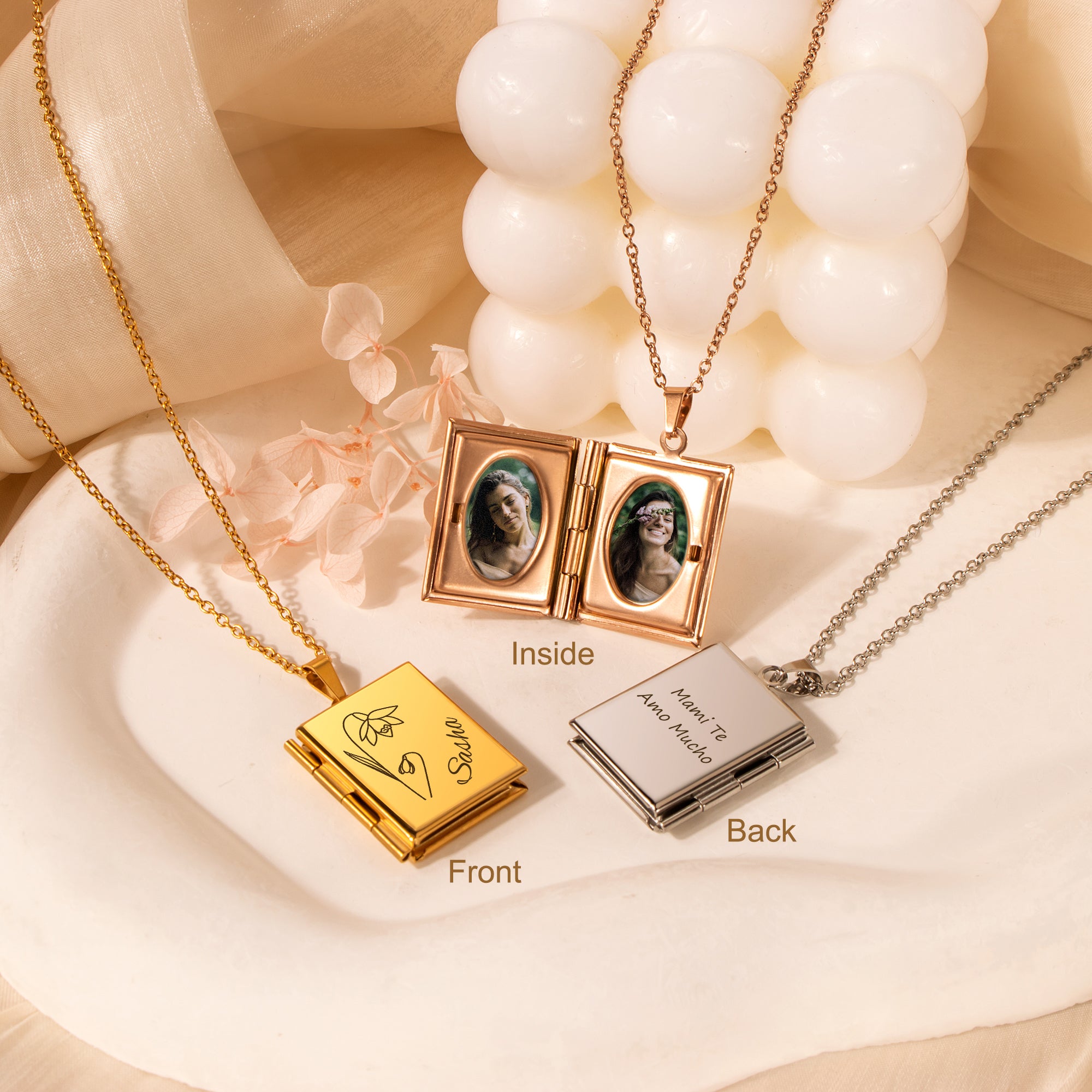 Square Birth Flower and Name Photo Locket Necklace