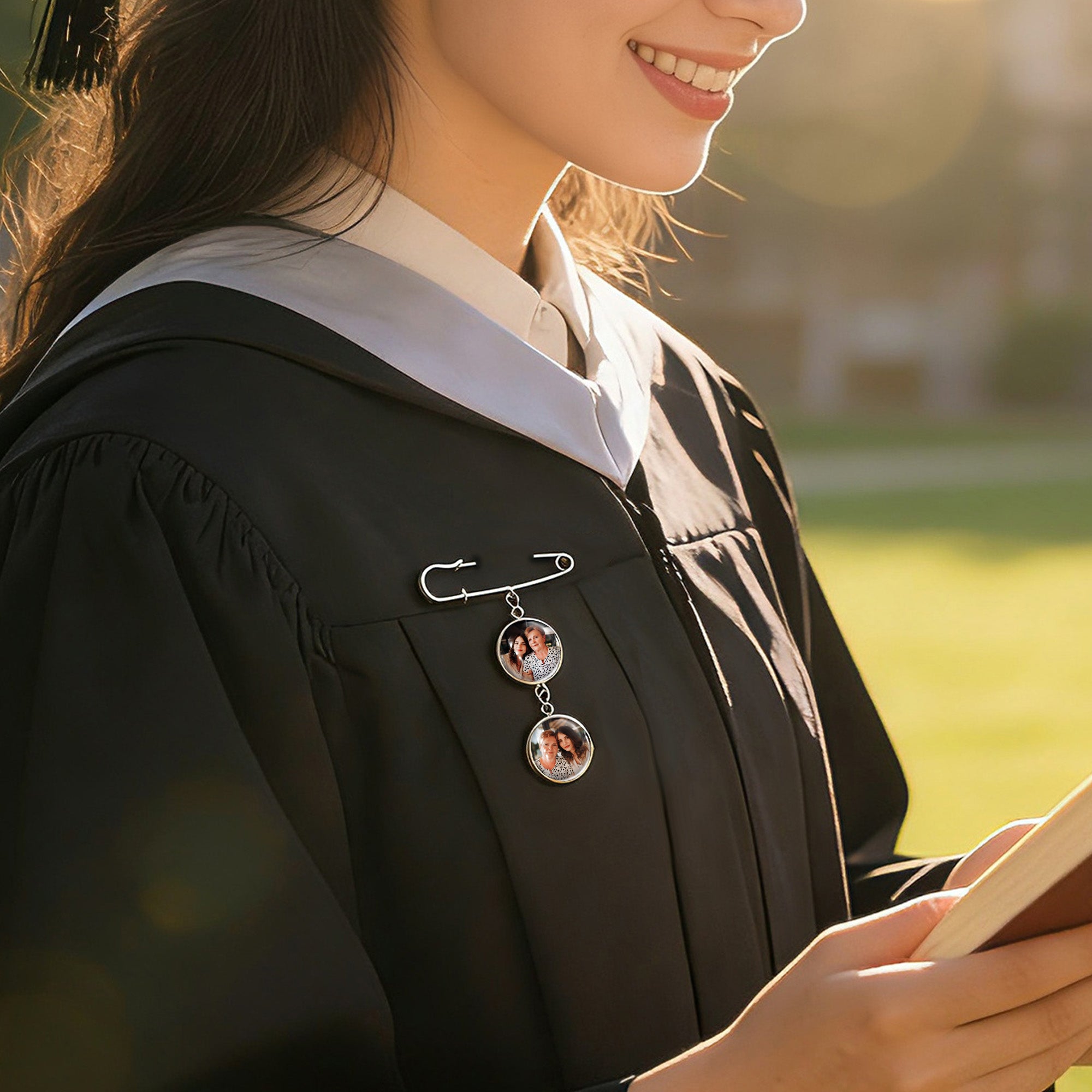 Vertical Round Graduation Photo Brooch Pin