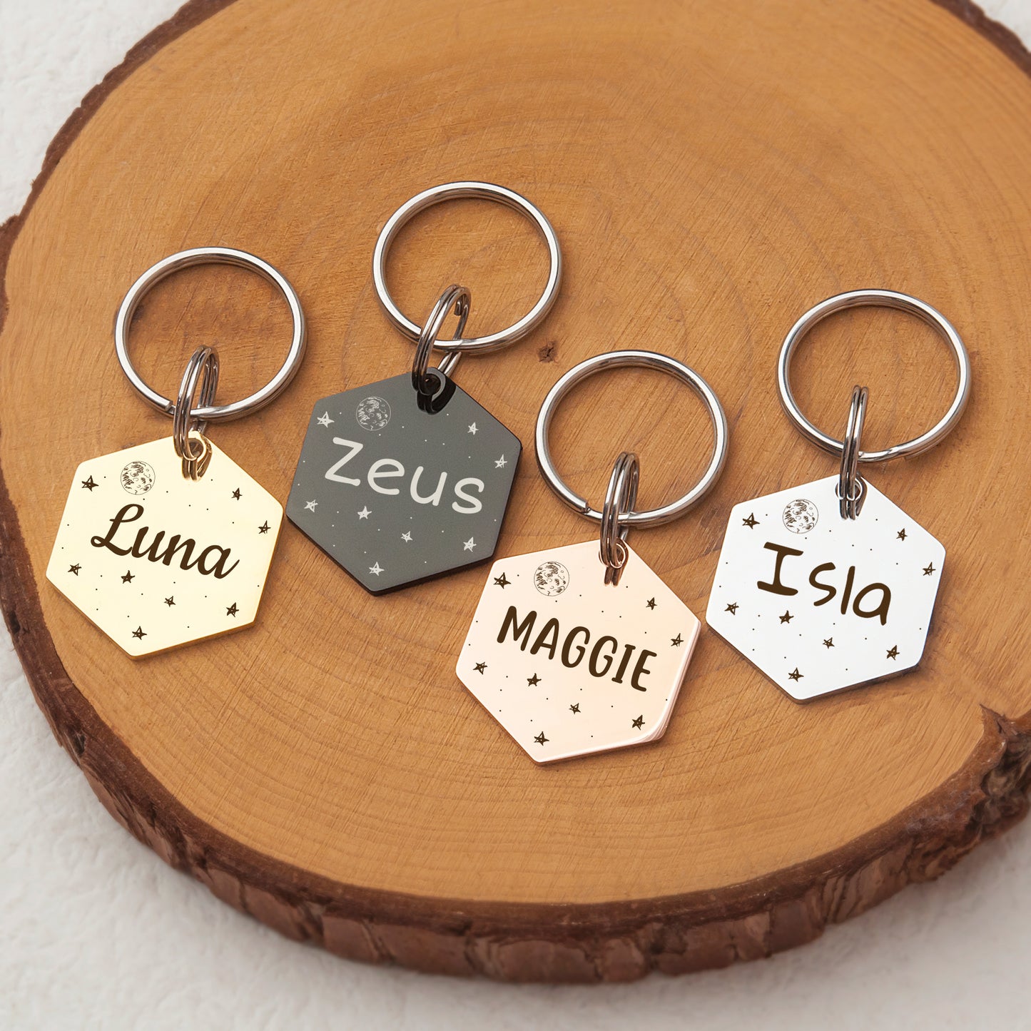 Personalized Moon Phases Hexagon Shaped Pet ID Dog Tag for Cat or Dog