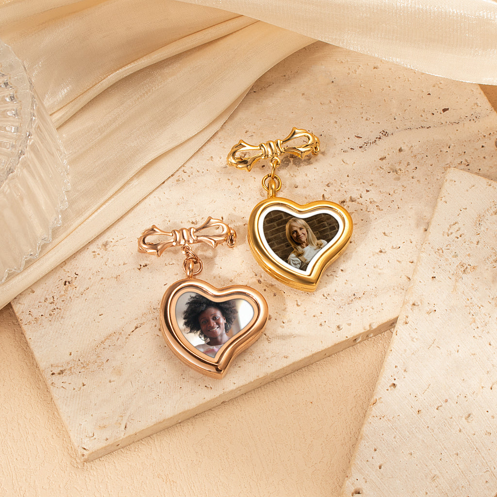 Glass Sideways Heart Photo Locket Brooch Pin