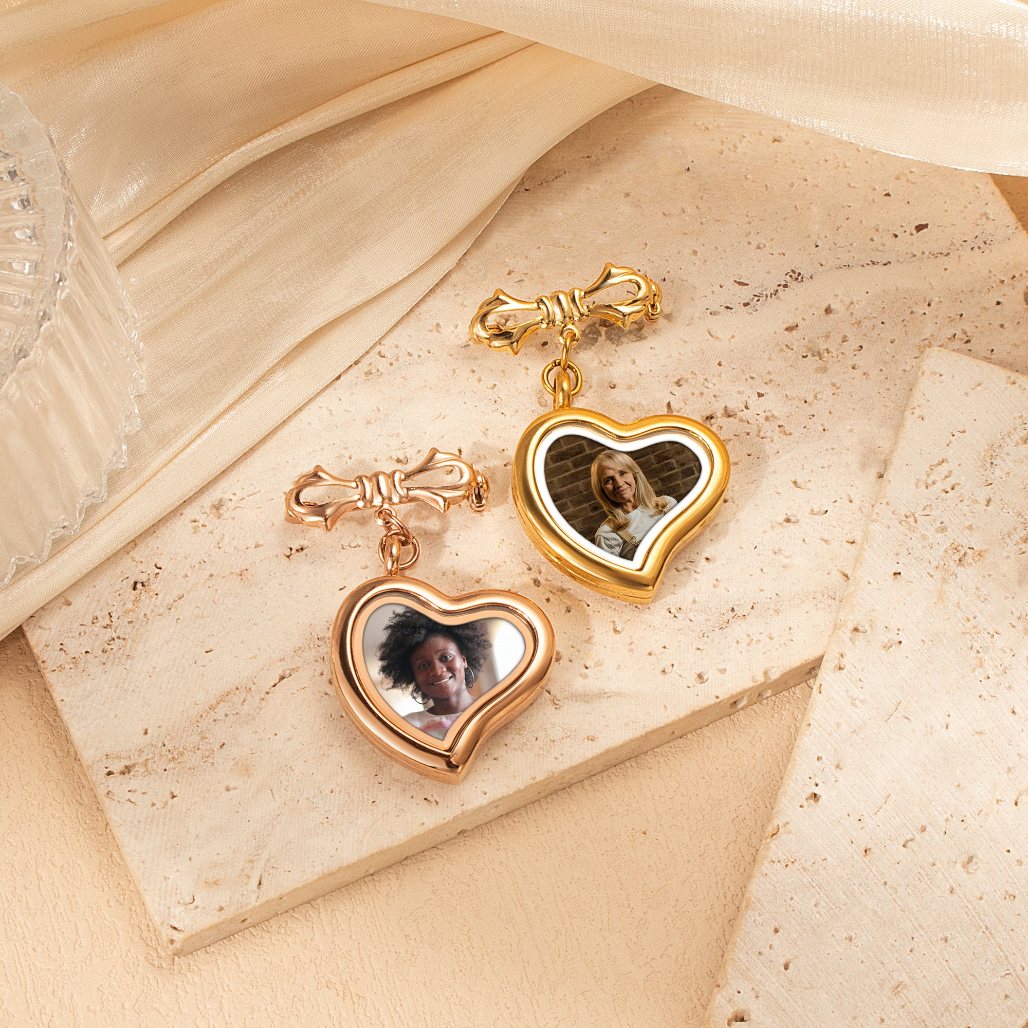 Glass Sideways Heart Photo Locket Brooch Pin