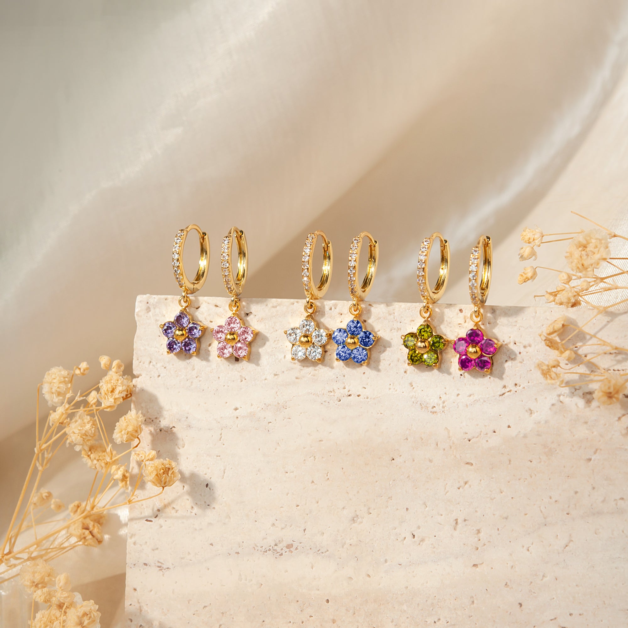Plum Blossom Birthstone Hoop Earrings