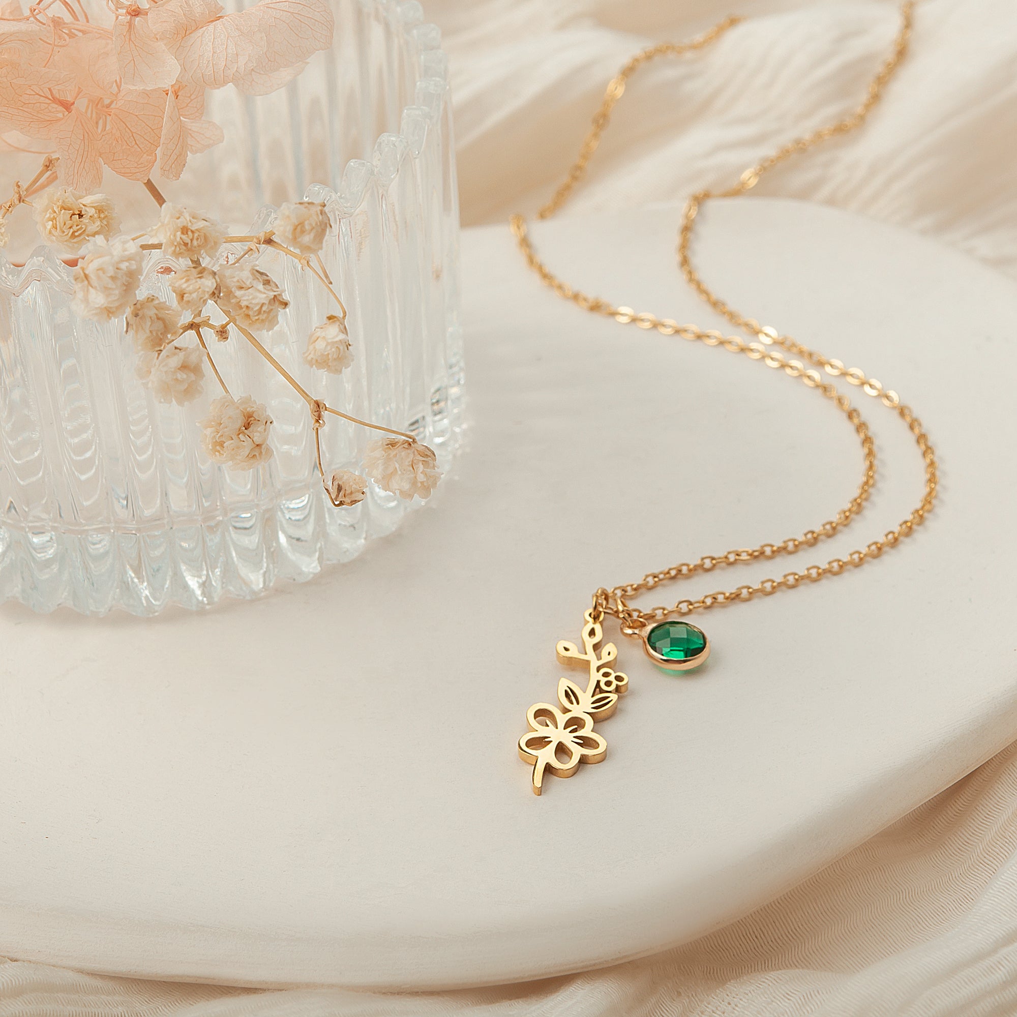 Stainless Steel Birth Flower and Birthstone Charm Necklace