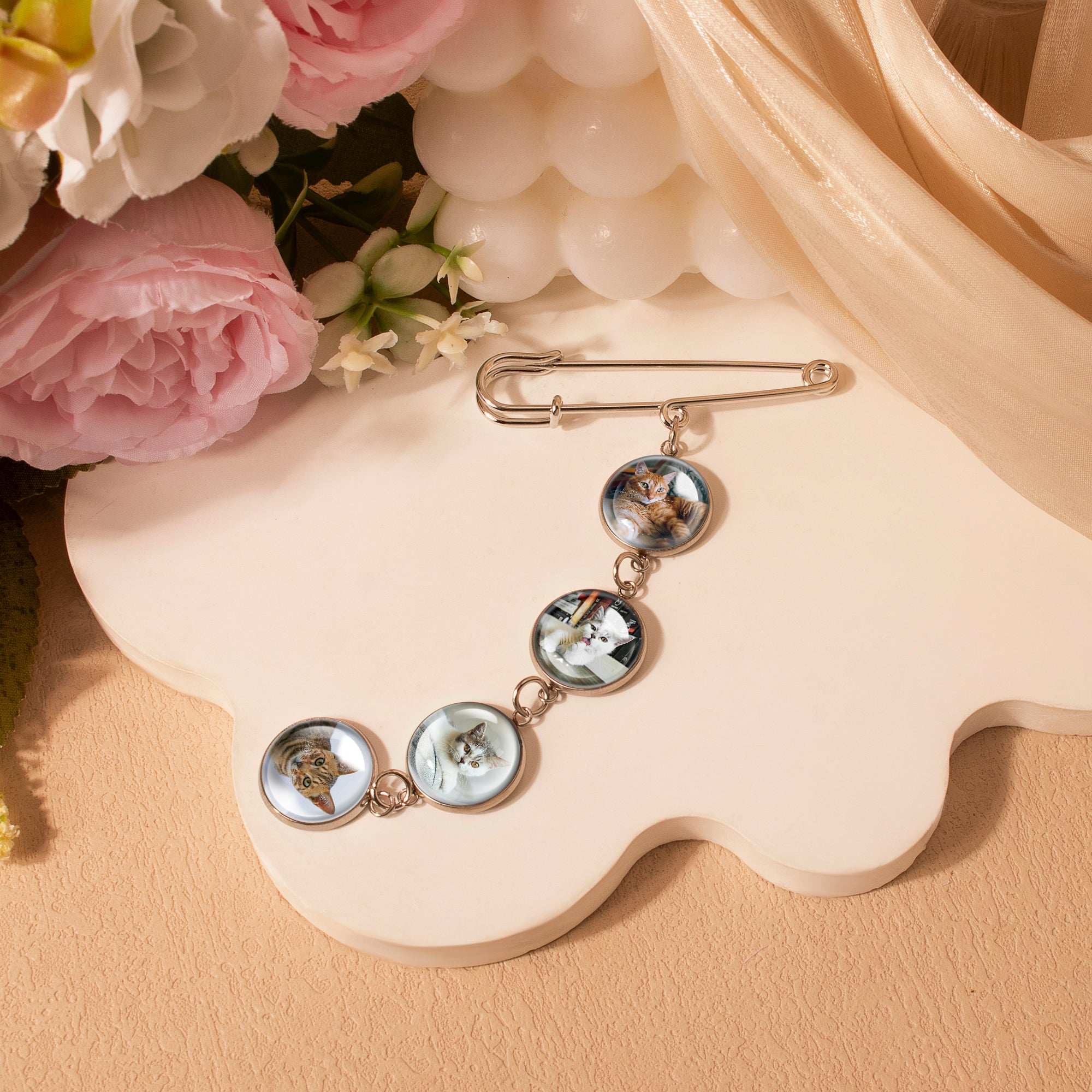 Vertical Wedding Round Photo Brooch Pin