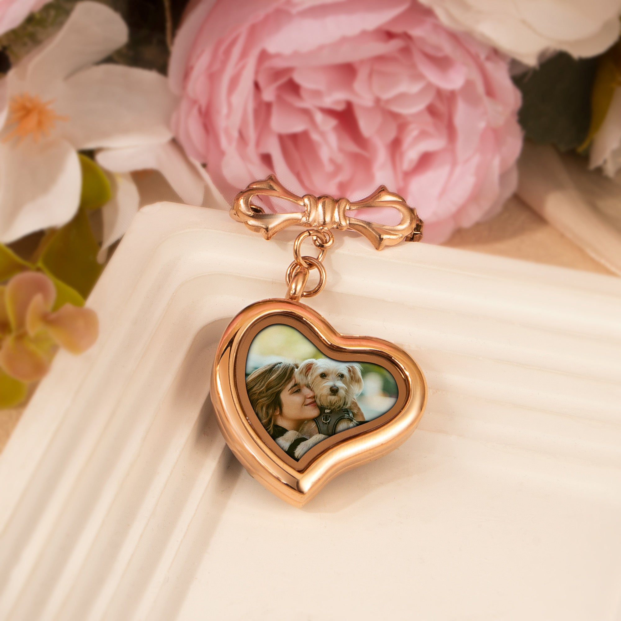 Glass Sideways Heart Wedding Photo Locket Brooch Pin