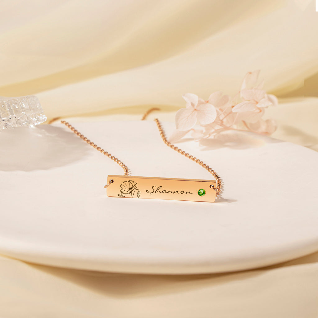 Birthstone Bar Flower and Name Necklace