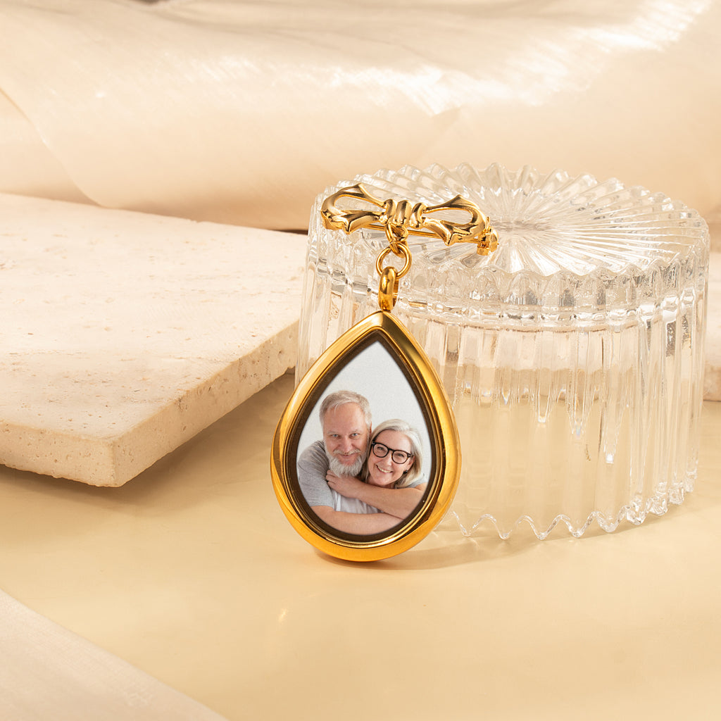 Glass Wedding Teardrop Photo Locket Lapel Pin