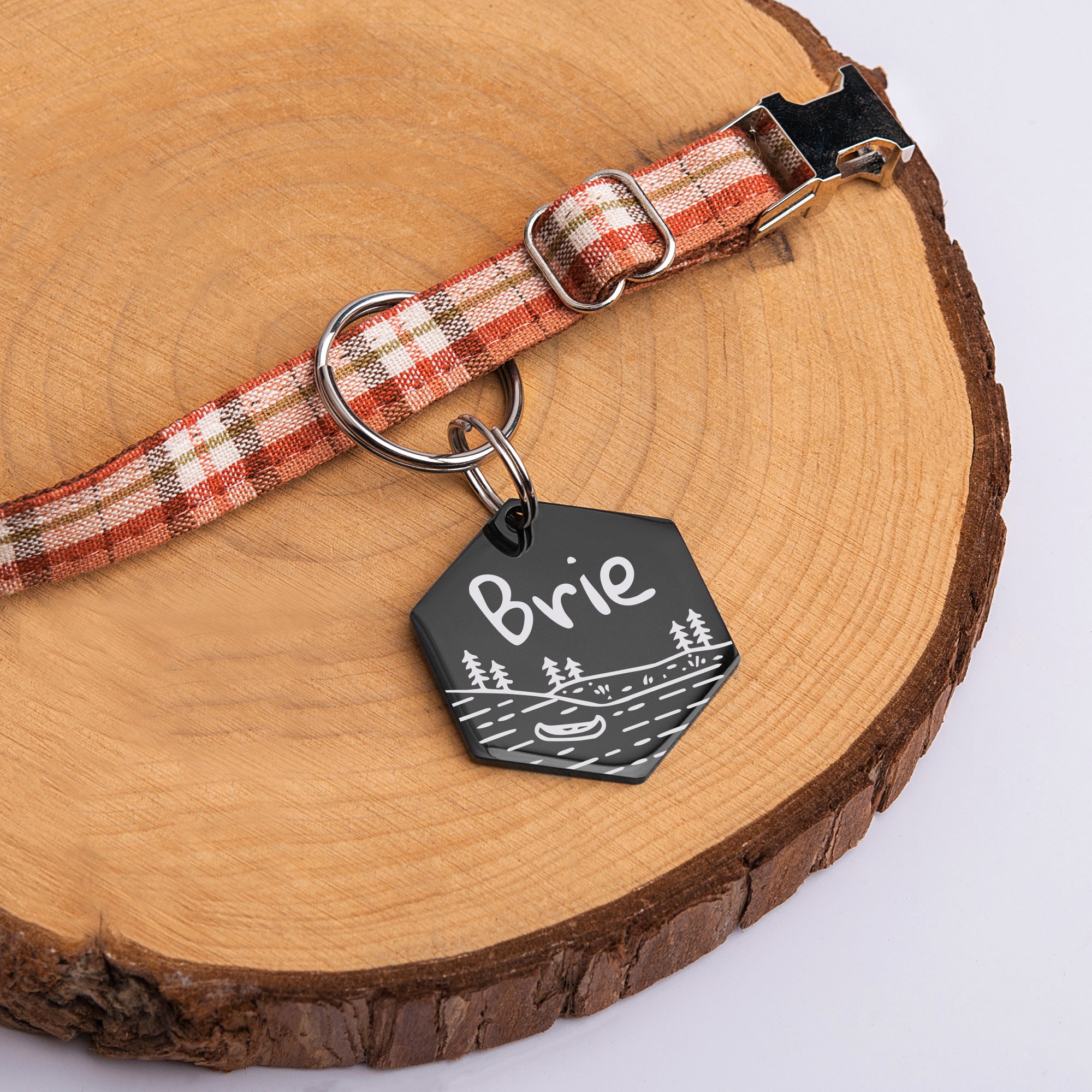 Boat in Lake Hexagon Pet ID Dog Tag