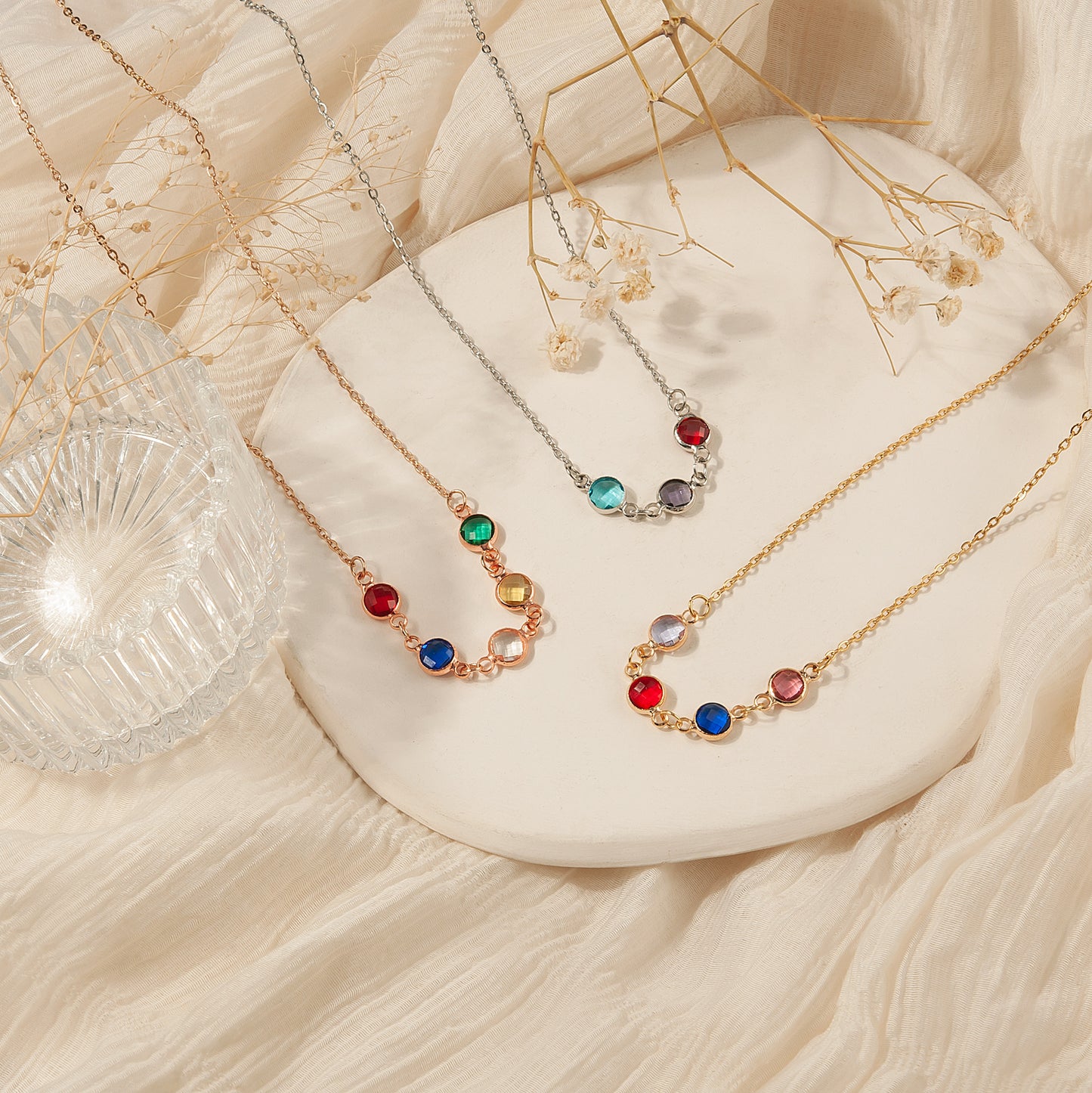 Women's Stainless Steel Connecter Birthstone Charm Necklace