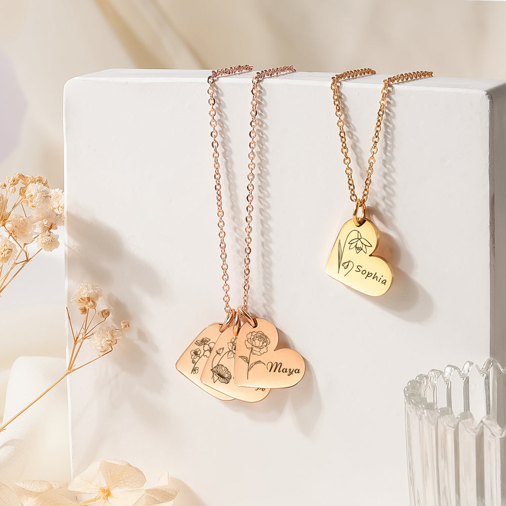 Personalized Mini Heart Text and Birth Flower Necklace