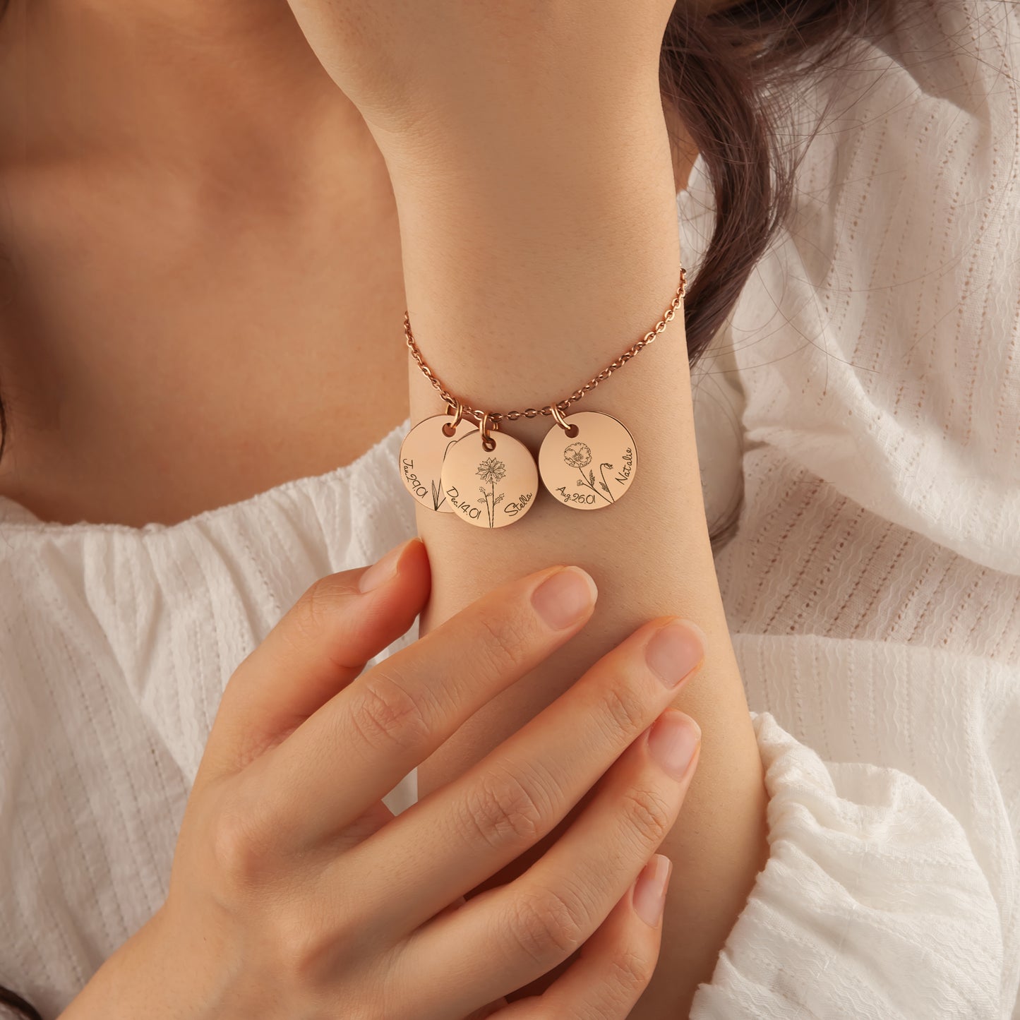 Custom Birth Flower, Name, and Date Charm Stainless Steel Bracelet