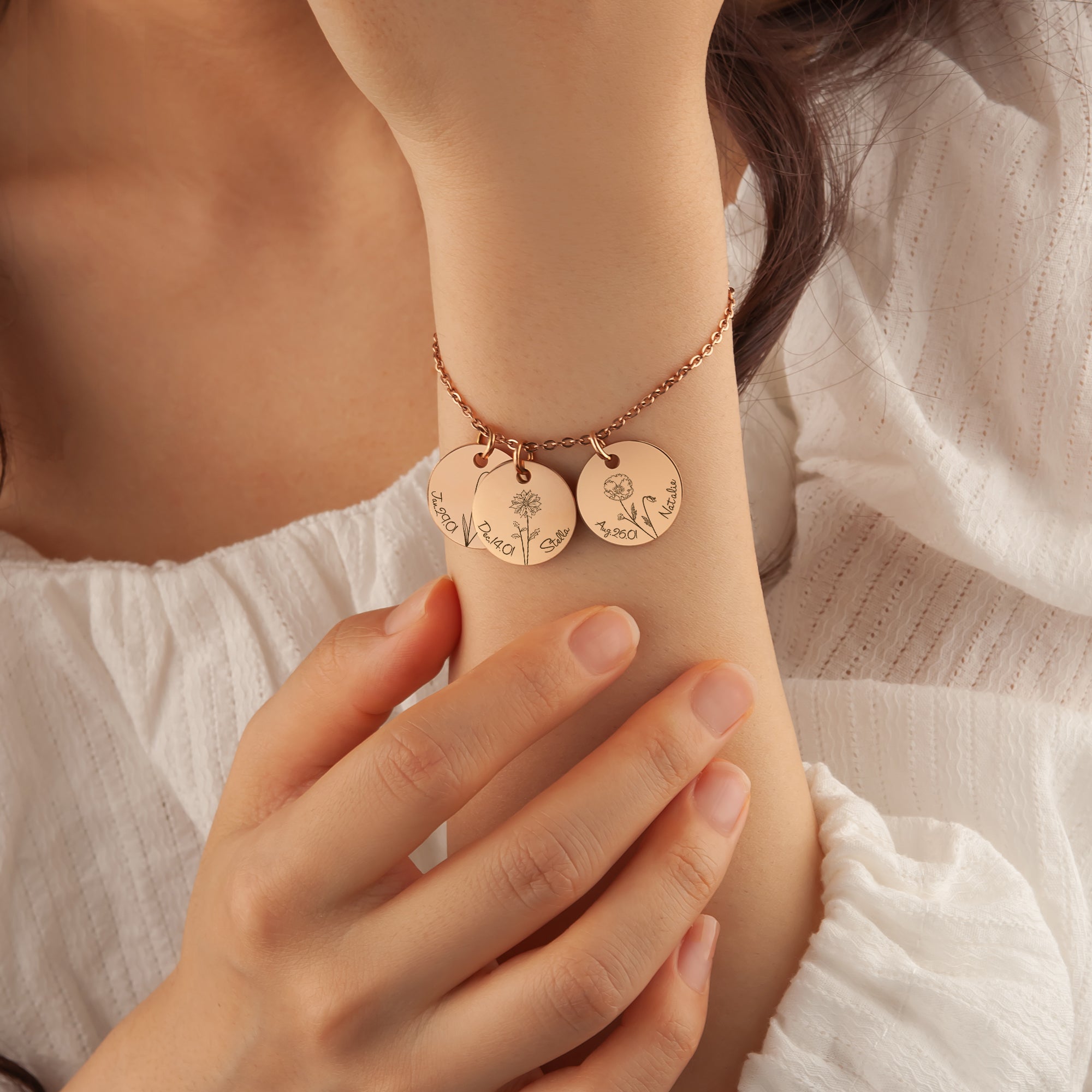 Custom Birth Flower, Name, and Date Charm Stainless Steel Bracelet