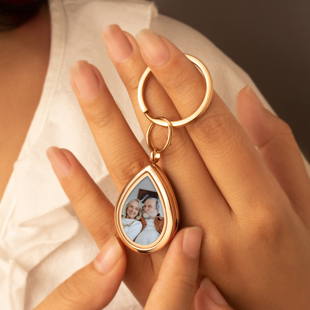 Glass Teardrop Photo Locket Memorial Keychain