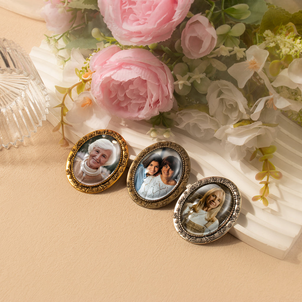 Vintage Oval Floral Memorial Wedding Photo Brooch