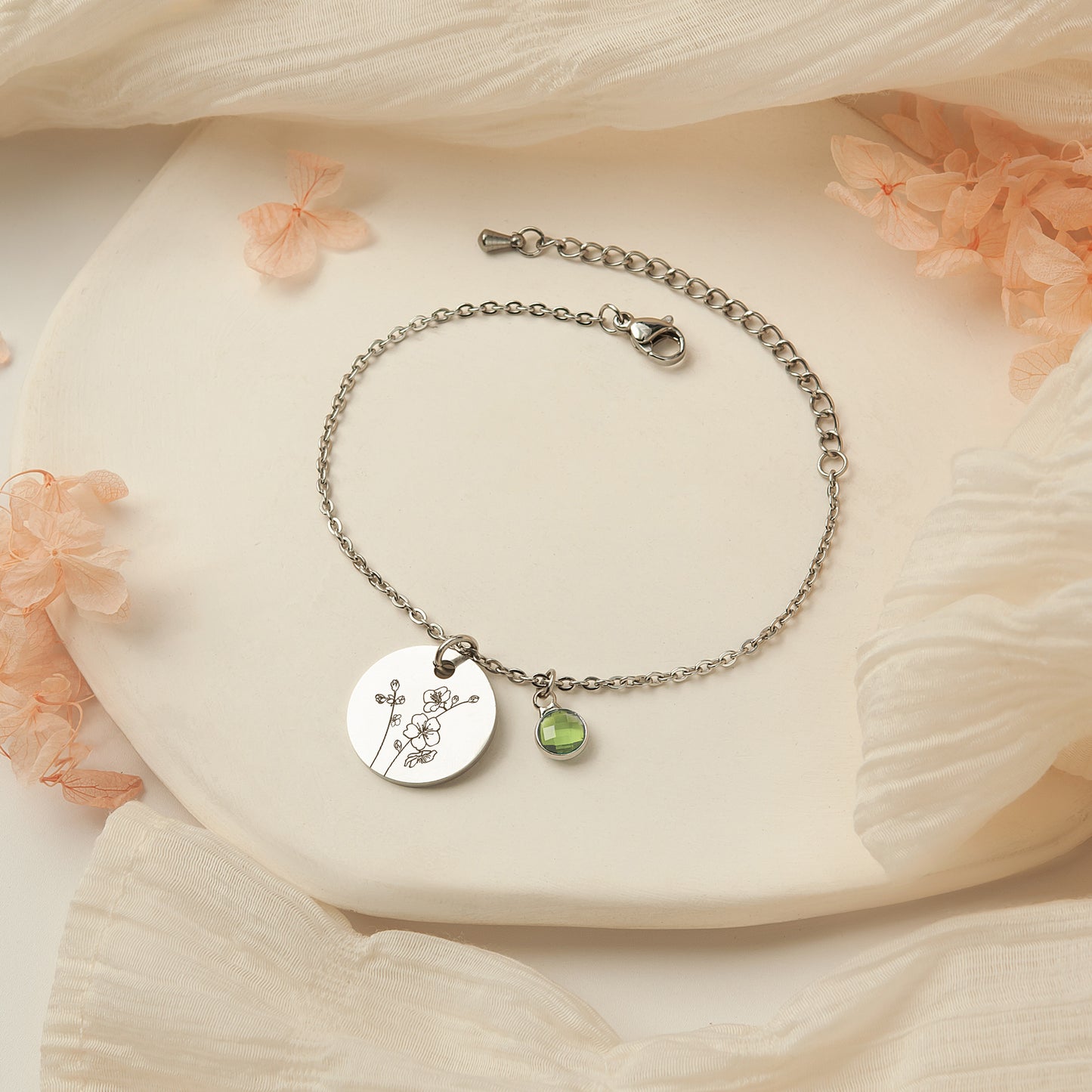 Custom Birth Flower and Birthstone Charm Bracelet