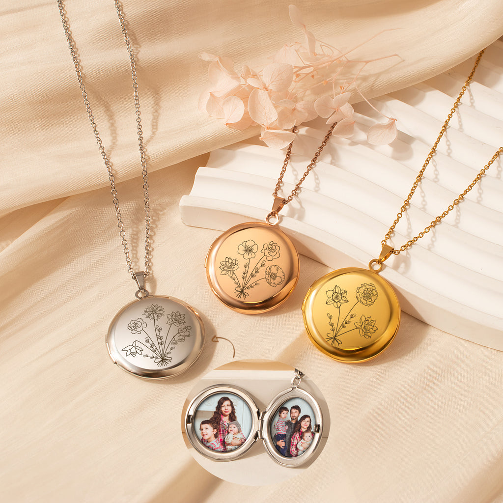 Round Birth Flower Bouquet Photo Locket Necklace
