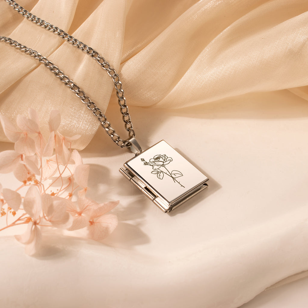 Square Birth Flower Photo Locket Necklace