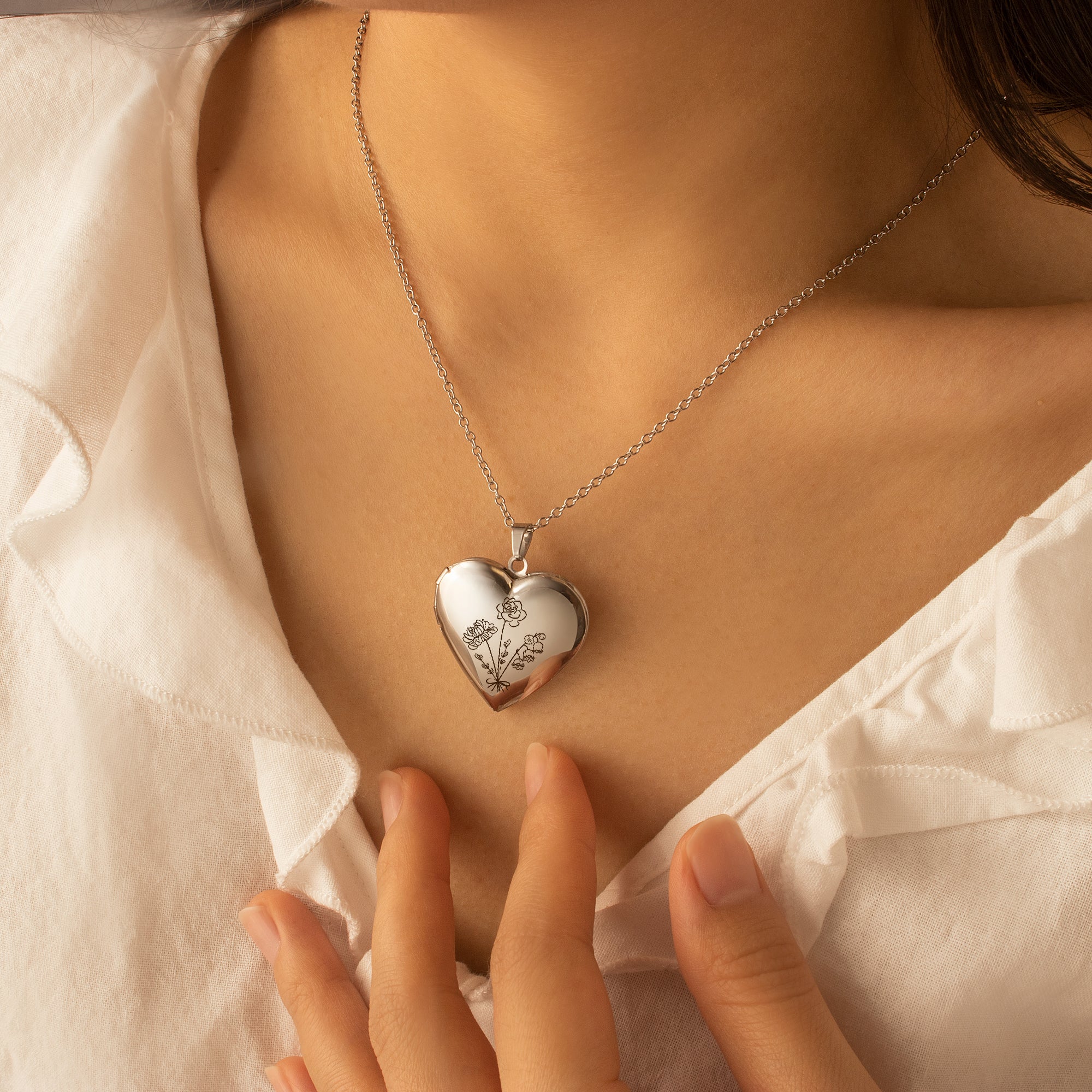 Flower Bouquet Heart Photo Locket Necklace