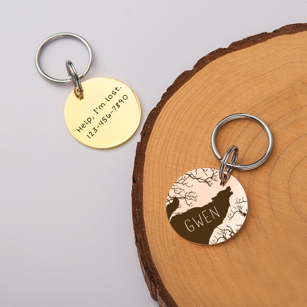 Howling Wolf Round Pet ID Dog Tag