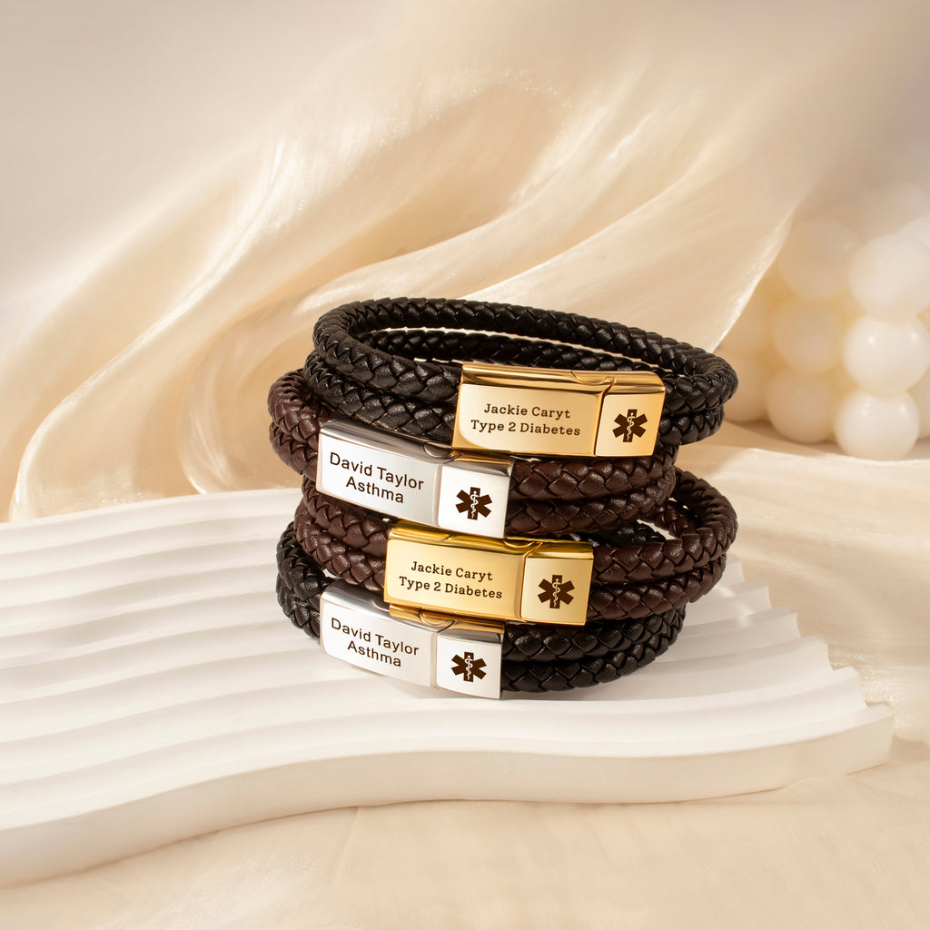 Personalized Medical ID Alert Double Strap Leather Bracelet