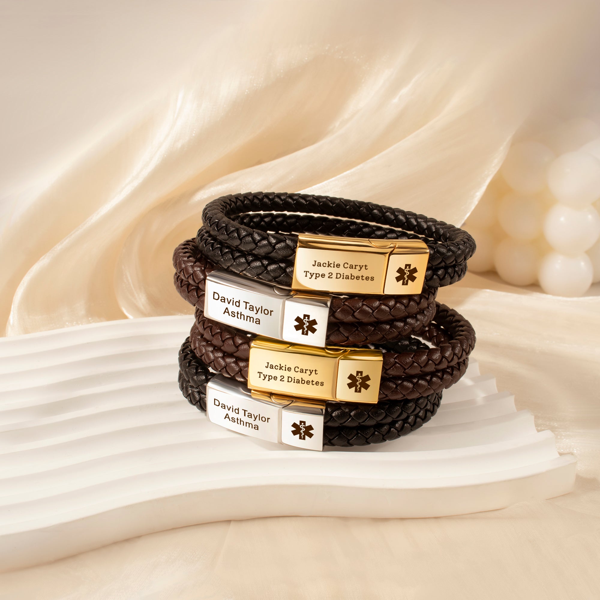 Personalized Medical ID Alert Double Strap Leather Bracelet