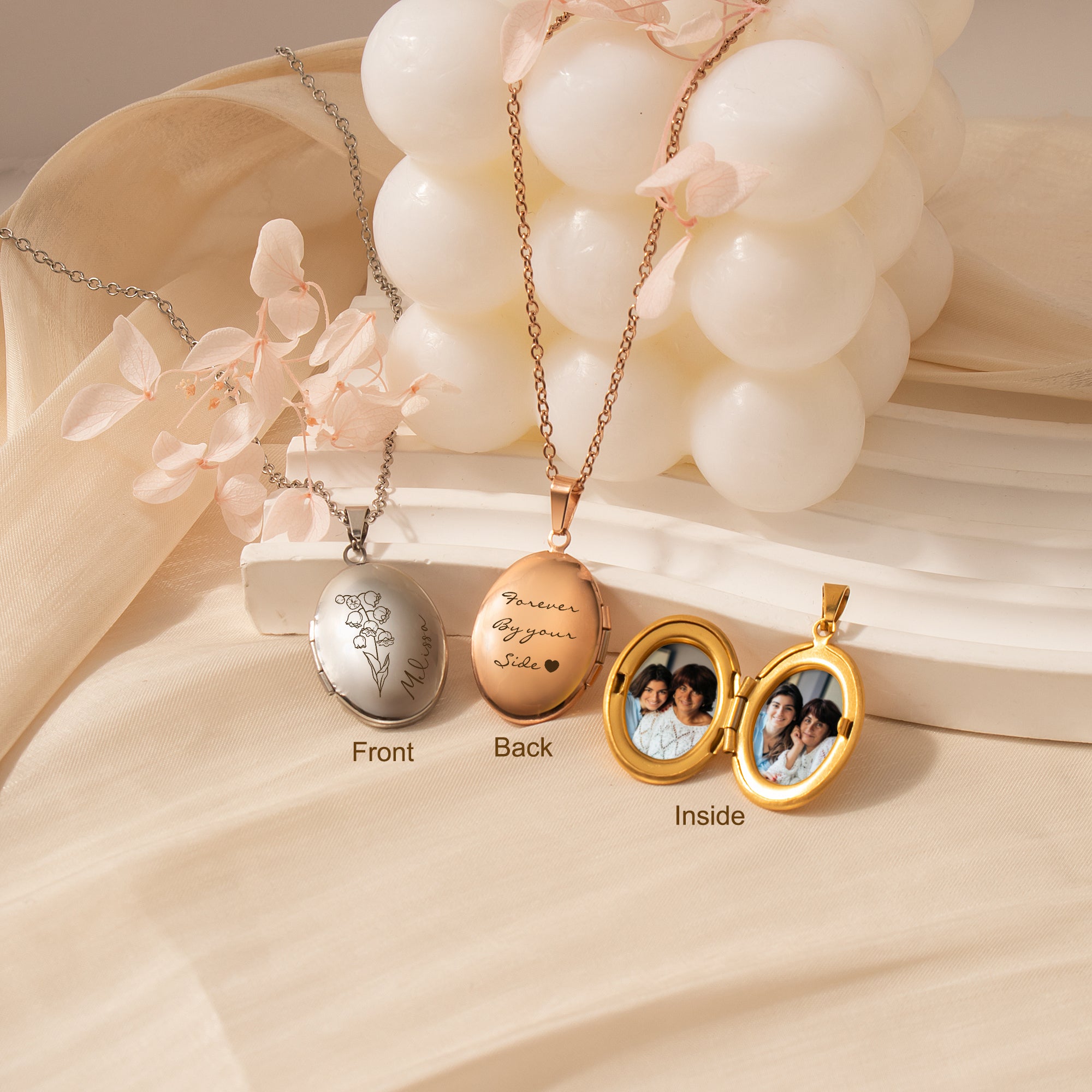 Oval Birth Flower and Name Photo Locket Necklace