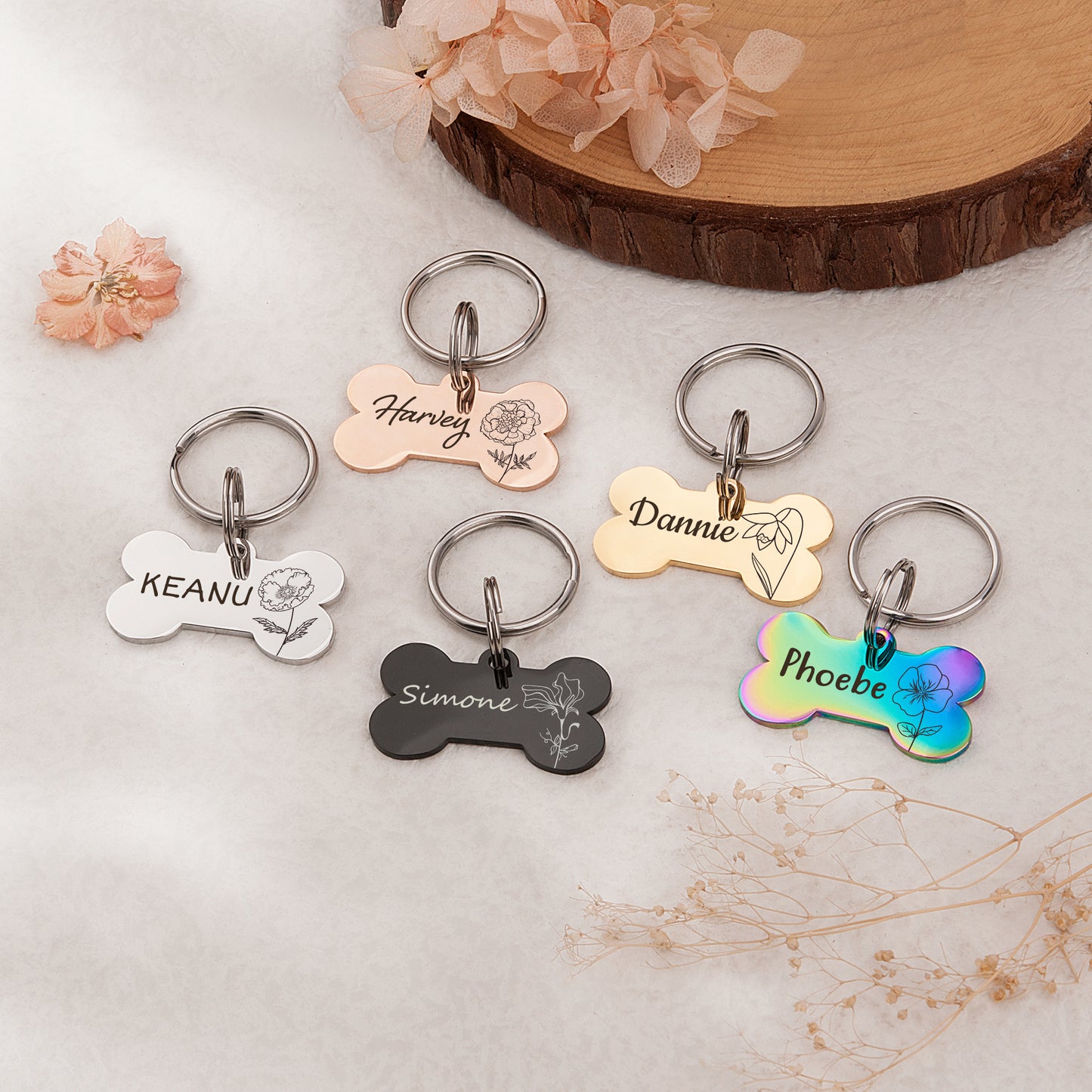 Customized Dog Bone Shaped Birth Flower ID Tag for Dogs