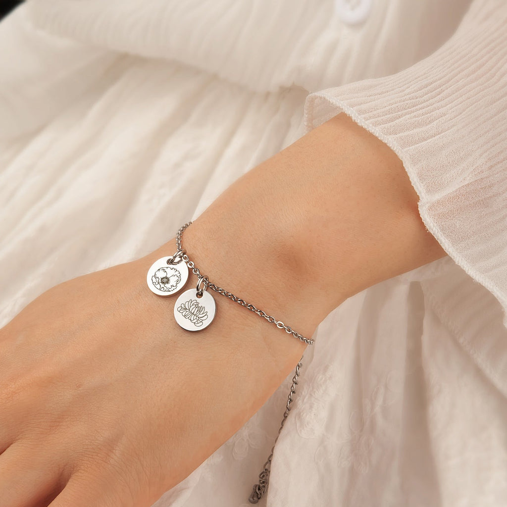 Custom Birth Flower Mini Charm Stainless Steel Bracelet