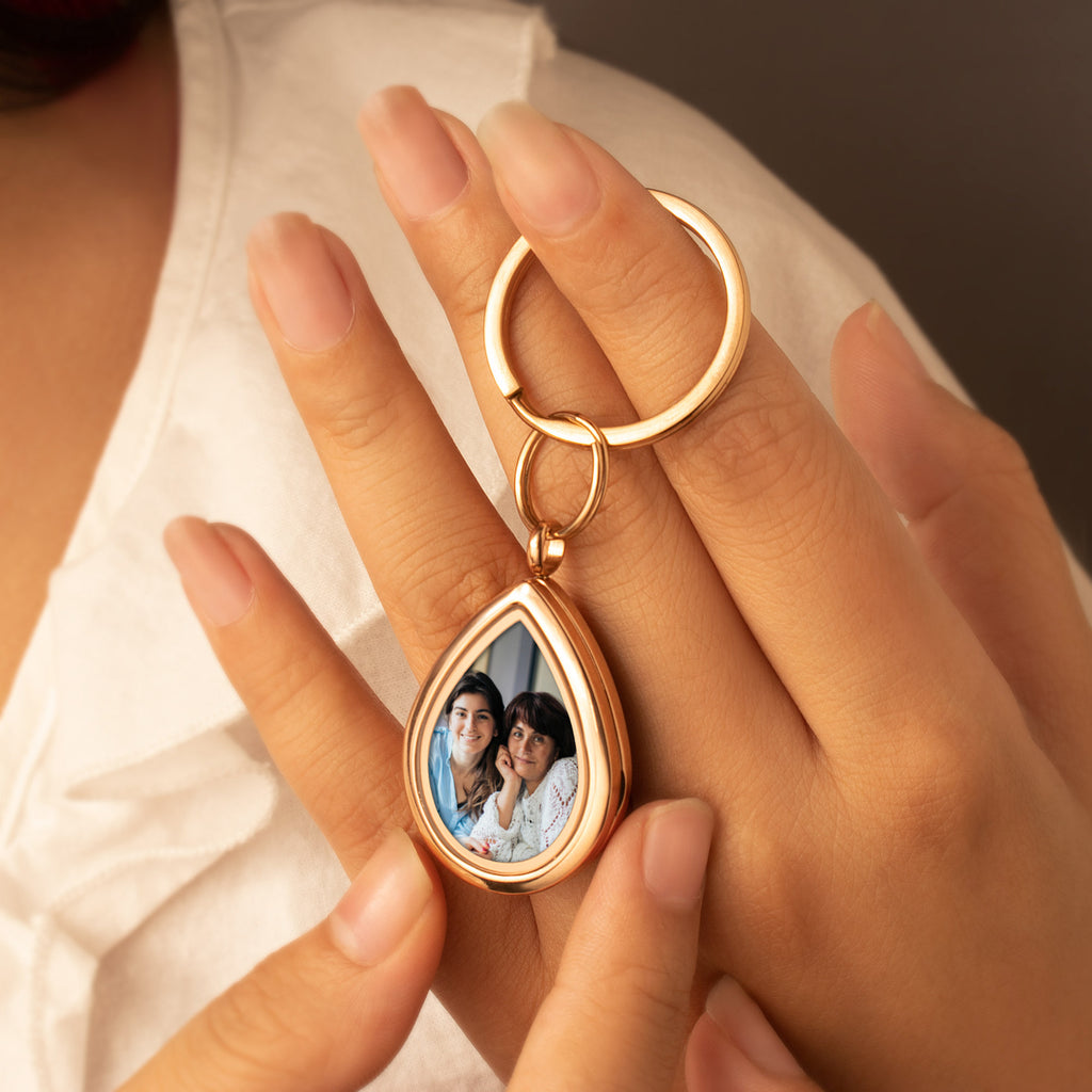 Glass Teardrop Photo Locket Keychain