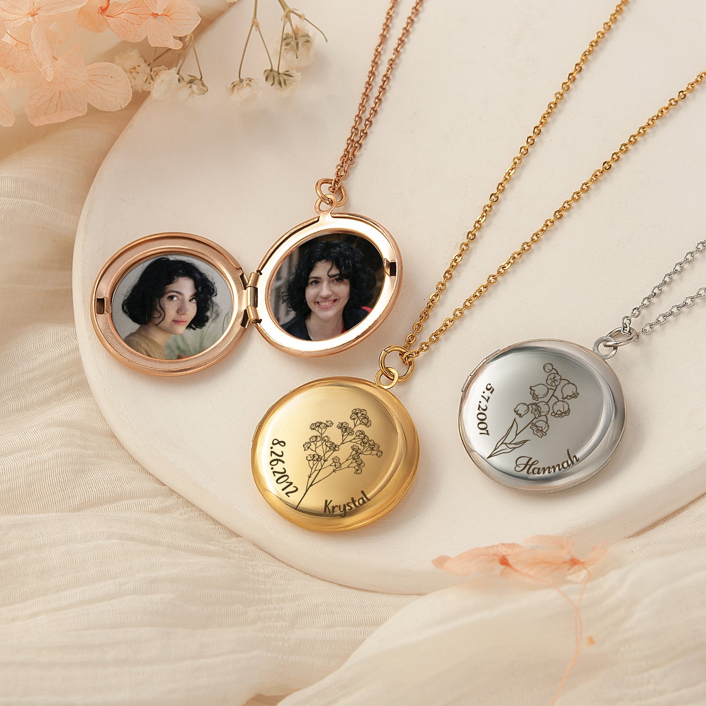 Custom Birth Flower Name and Date Photo Locket Necklace