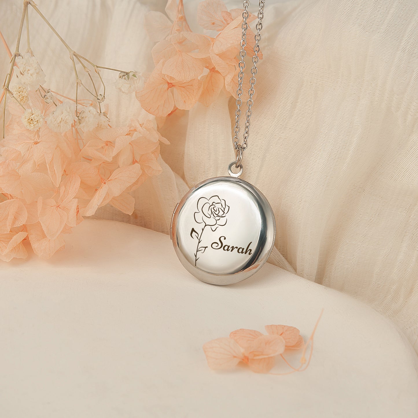 Custom Birth Flower and Name Photo Locket Necklace