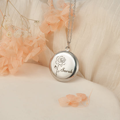 Custom Birth Flower and Name Photo Locket Necklace