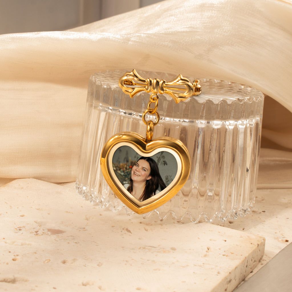 Glass Heart Wedding Photo Locket Brooch Pin