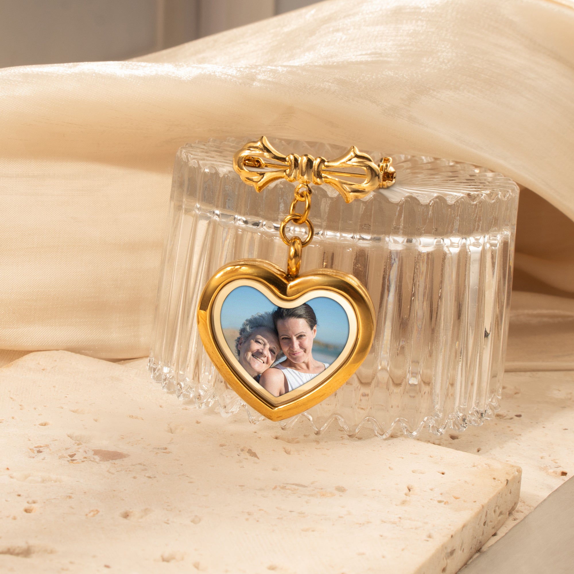 Glass Heart Photo Locket Brooch Pin