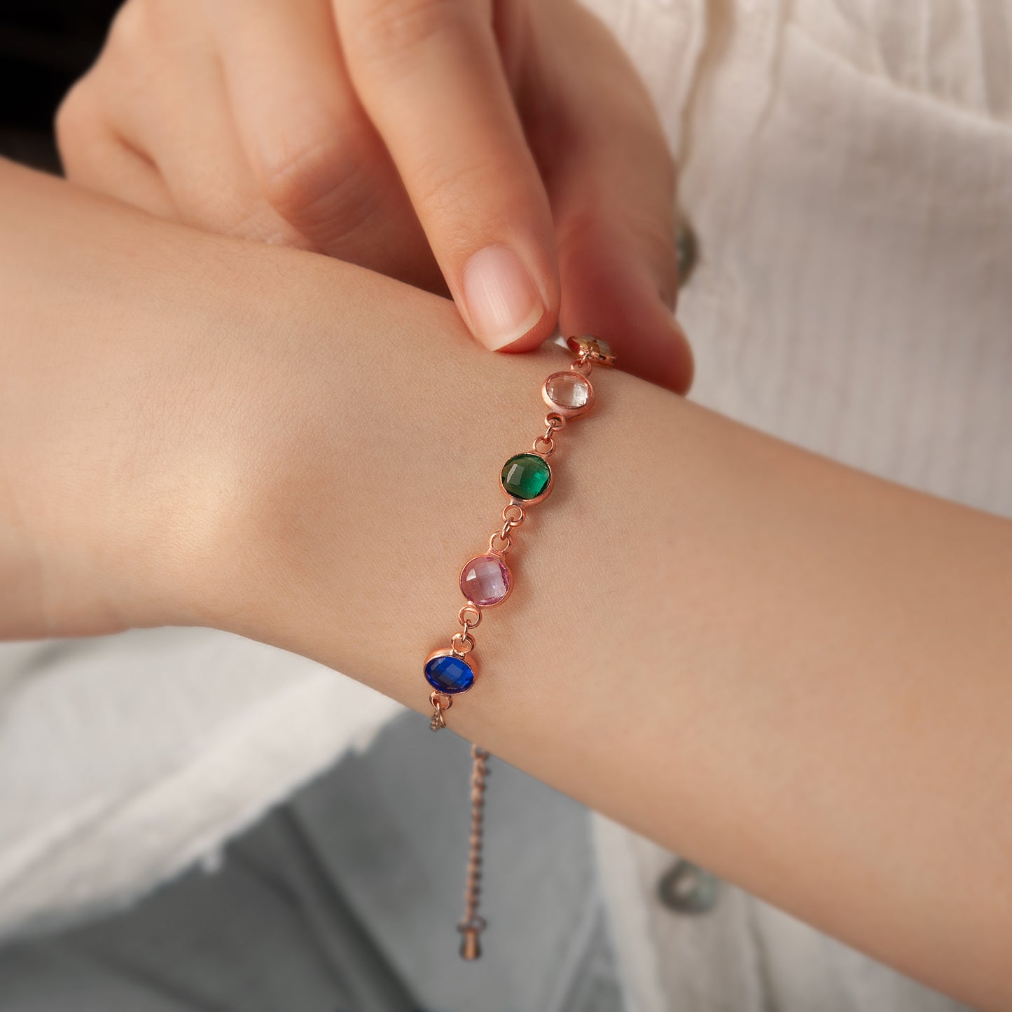 Women's Stainless Steel Connecter Birthstone Charm Bracelet